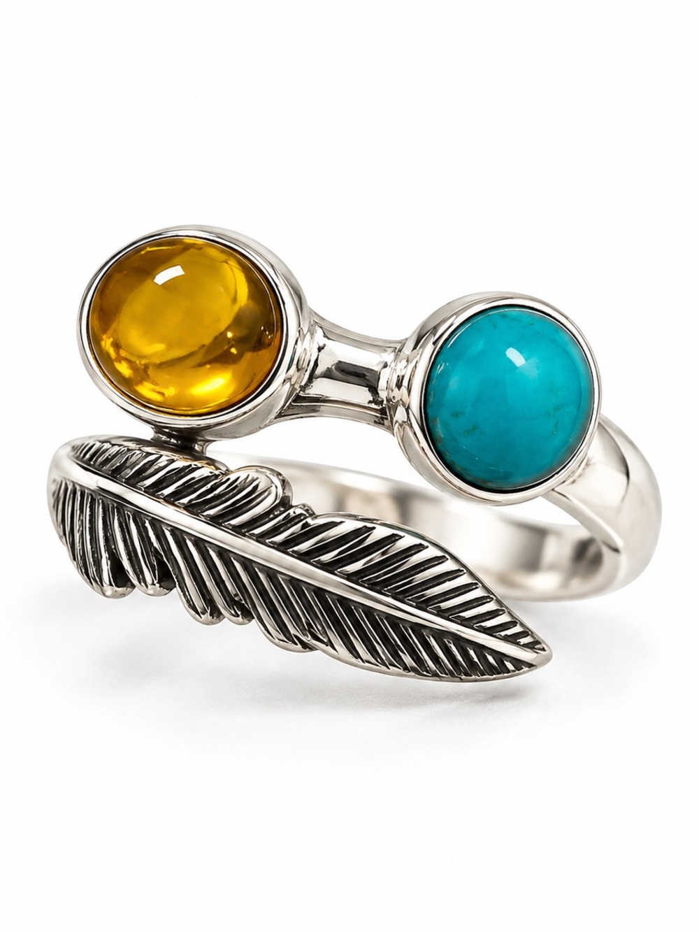 Sterling Silver Feather Ring with Amber and Turquoise Stones - Adjustable